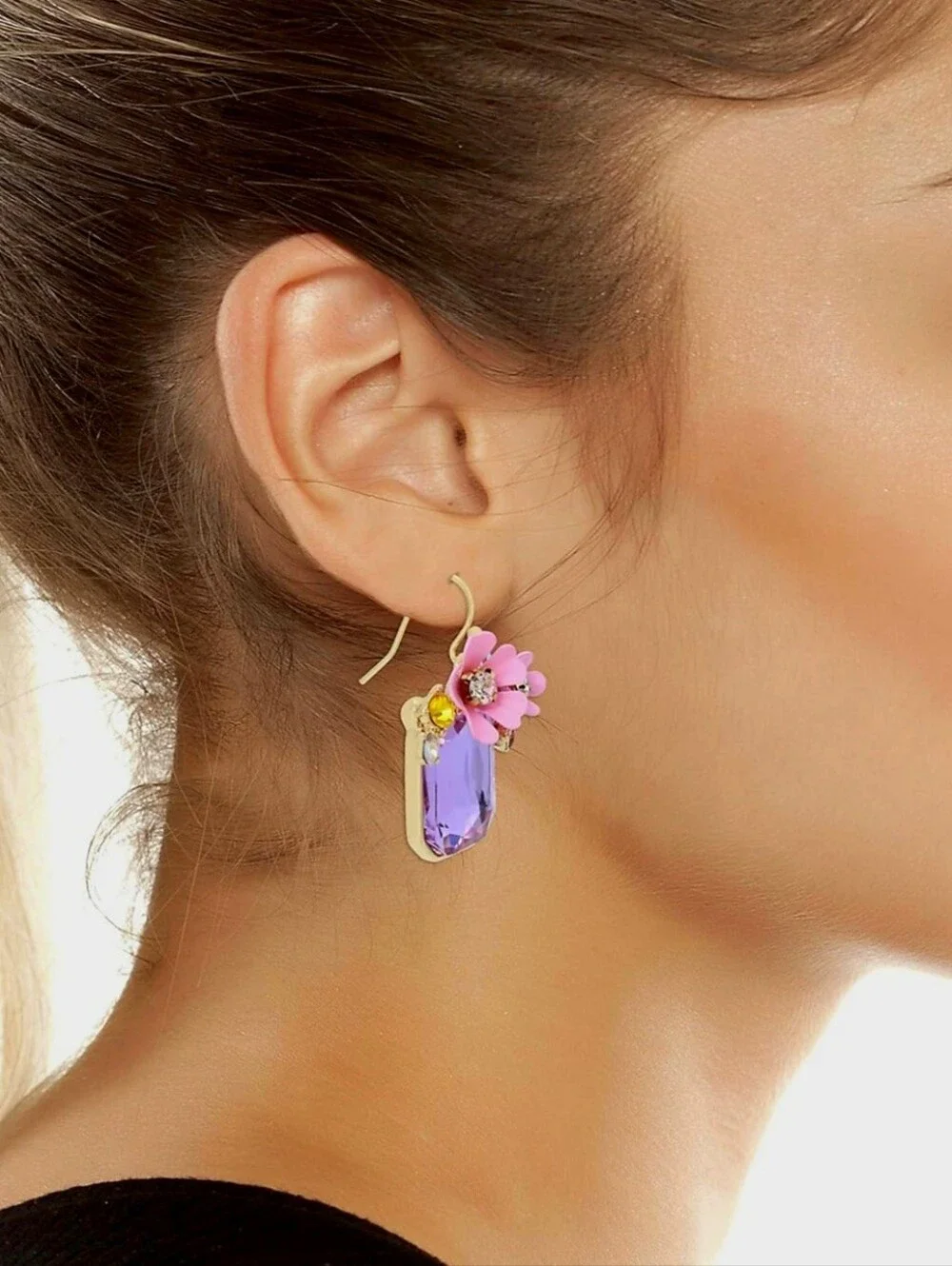 NEW Betsey Johnson Purple Pink Flower Cluster Iridescent Stone Drop Earrings NWT